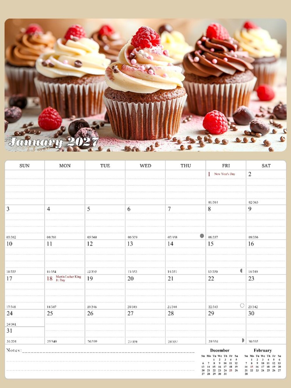 2027 Calendar Magnetic Peel & Stick 12 Months 8.5" x 11" Cupcakes